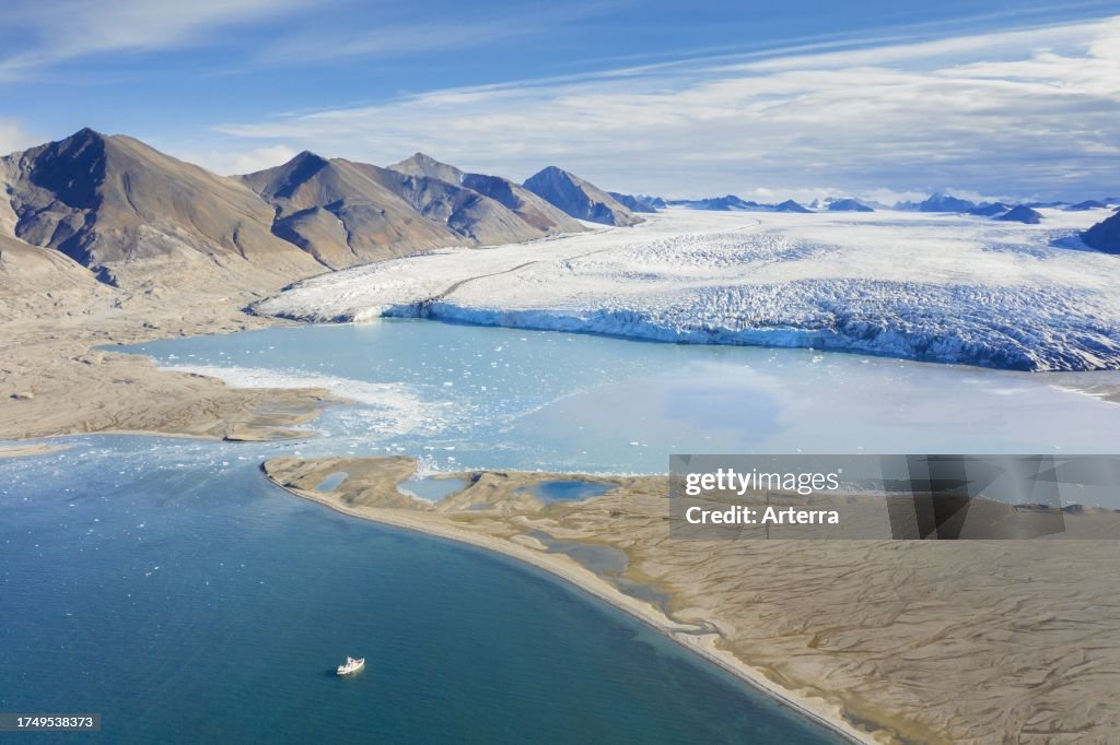 Aerial view over Recherchebreen, glacier in Wedel Jarlsberg Land which debouches into Recherche Fjord at Spitsbergen. Svalbard