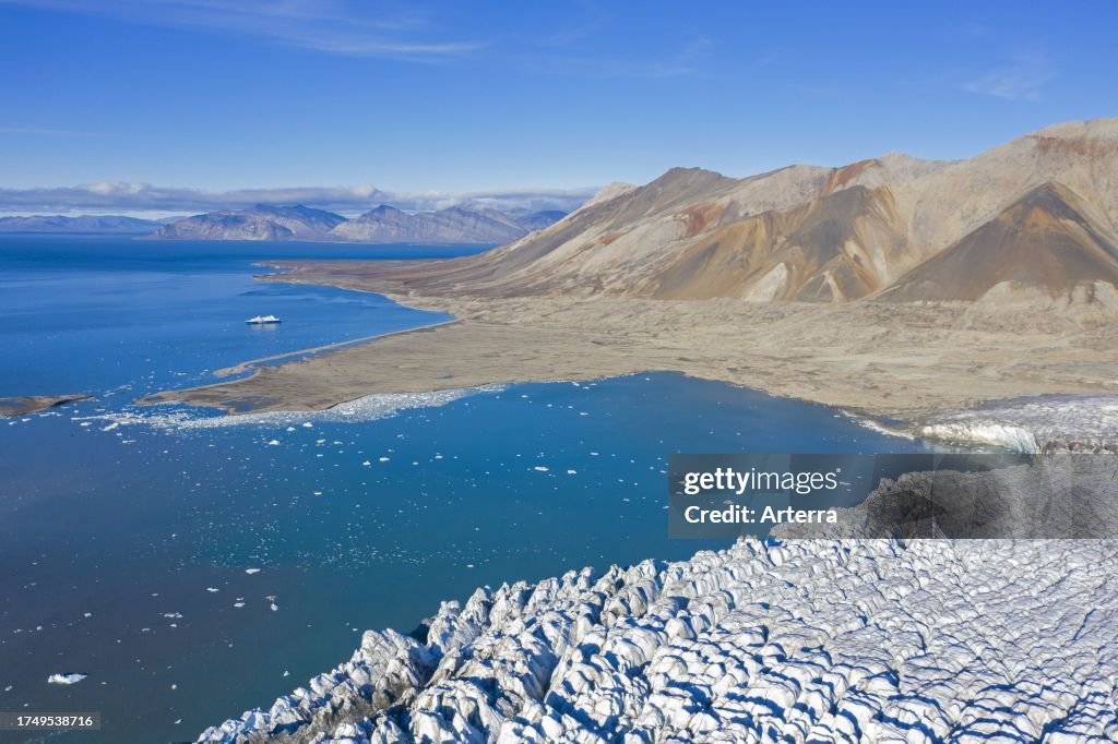 Aerial view over Recherchebreen, glacier in Wedel Jarlsberg Land which debouches into Recherche Fjord at Spitsbergen. Svalbard