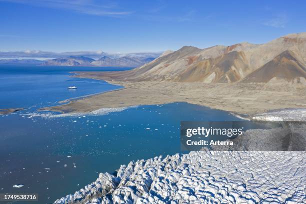 Aerial view over Recherchebreen, glacier in Wedel Jarlsberg Land which debouches into Recherche Fjord at Spitsbergen. Svalbard.