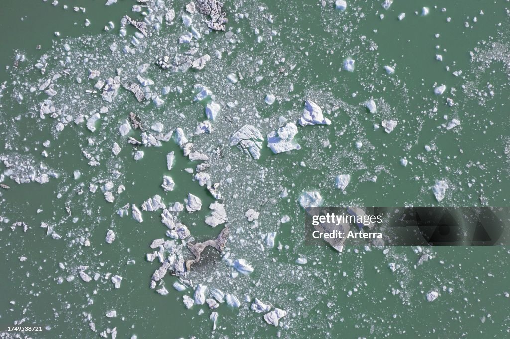 Aerial view of floating drift ice. icebergs in Recherche Fjord, coming from Recherchebreen, glacier in Wedel Jarlsberg Land, Spitsbergen. Svalbard