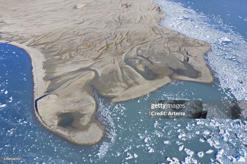 Aerial view of floating drift ice. icebergs in Recherche Fjord, coming from Recherchebreen, glacier in Wedel Jarlsberg Land, Spitsbergen. Svalbard