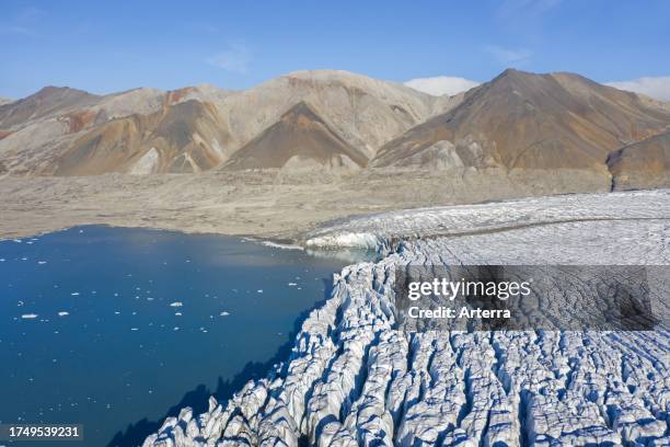 Aerial view over Recherchebreen, glacier in Wedel Jarlsberg Land which debouches into Recherche Fjord at Spitsbergen. Svalbard.