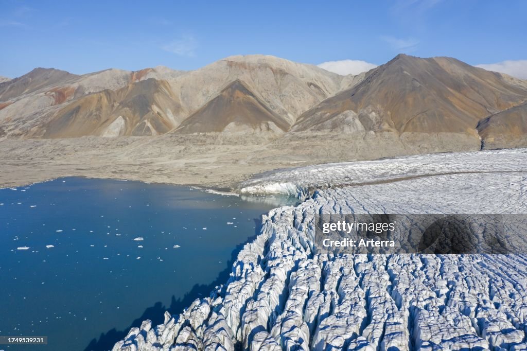 Aerial view over Recherchebreen, glacier in Wedel Jarlsberg Land which debouches into Recherche Fjord at Spitsbergen. Svalbard