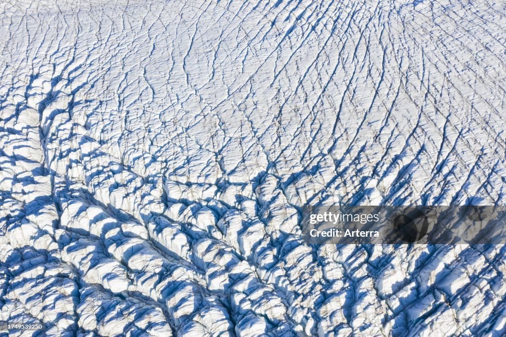 Aerial view over seracs and crevasses on Recherchebreen, glacier in Wedel Jarlsberg Land debouching into Recherche Fjord at Spitsbergen. Svalbard