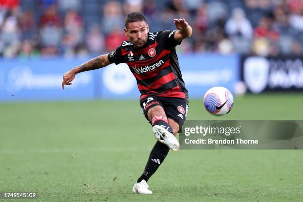 Tate Russell of the Wanderers passes the ball during the A-League Men round one match between Western Sydney Wanderers and Wellington Phoenix at...