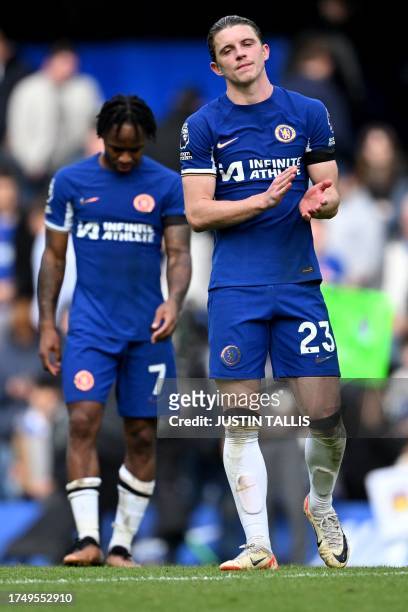 Chelsea's English midfielder Conor Gallagher reacts after their 0-2 defeat in the English Premier League football match between Chelsea and Brentford...