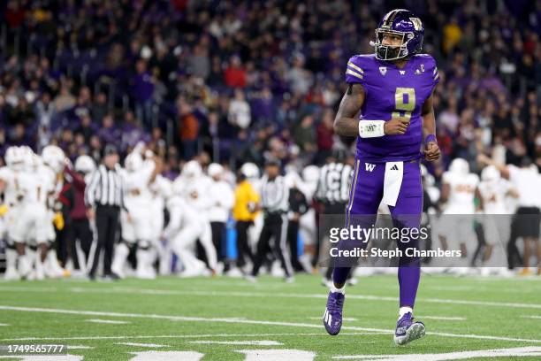 Michael Penix Jr. #9 of the Washington Huskies reacts after a turnover by against the Arizona State Sun Devils during the third quarter at Husky...