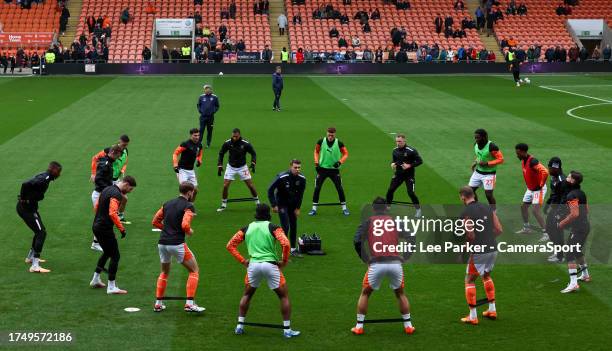 Blackpool during the pre-match warm-up during the Sky Bet League One match between Blackpool and Peterborough United at Bloomfield Road on October...