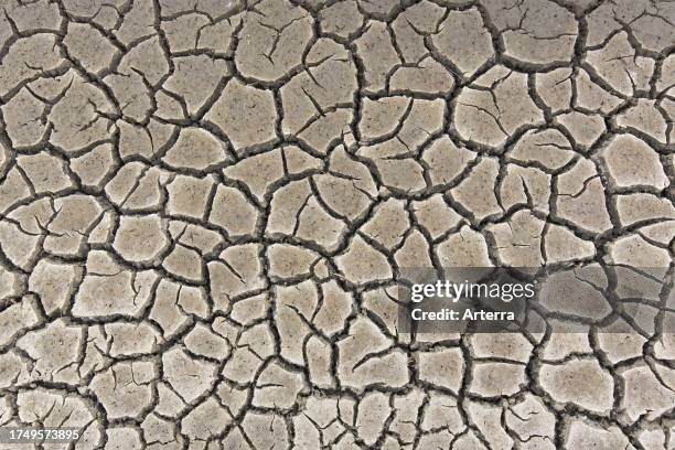 Abstract pattern of dry cracked mud in dried up wetland caused by prolonged drought in summer in hot weather temperatures.