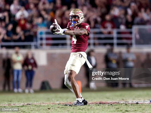 Wide Receiver Keon Coleman of the Florida State Seminoles celebrates after making a first down during the game against the Duke Blue Devils at Doak...