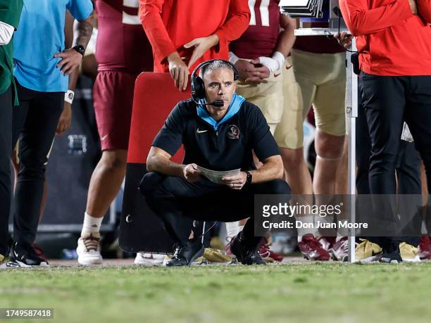 Head Coach Mike Norvell of the Florida State Seminoles looks on from the sidelines during the game against the Duke Blue Devils at Doak Campbell...
