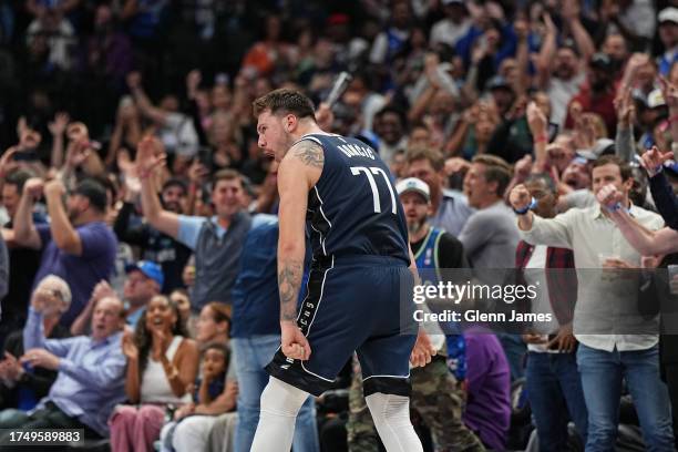 Luka Doncic of the Dallas Mavericks celebrates during the game against the Brooklyn Nets on October 27, 2023 at the American Airlines Center in...