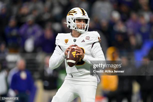 Trenton Bourguet of the Arizona State Sun Devils stands in the pocket during the third quarter against the Washington Huskies at Husky Stadium on...