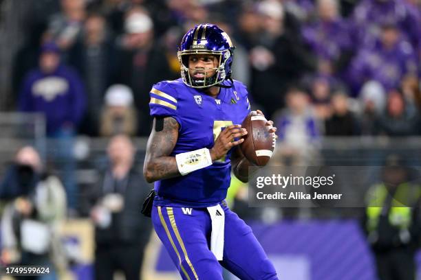 Michael Penix Jr. #9 of the Washington Huskies stands in the pocket during the third quarter against the Arizona State Sun Devils at Husky Stadium on...