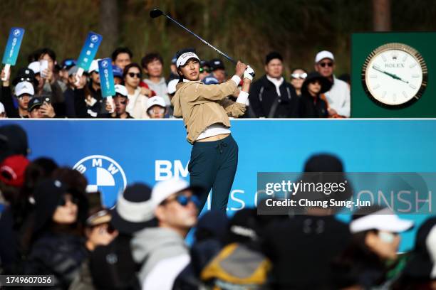 Alison Lee of the United States plays her shot from the 18th tee during the final round of the BMW Ladies Championship on the Seowon Hills course at...