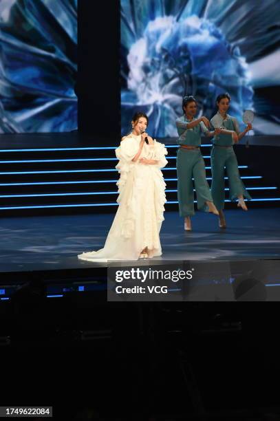 Actress Tamia Liu Tao performs on the stage during the Popular Movies Greater Bay Area Concert 2023 on October 21, 2023 in Macao, China.