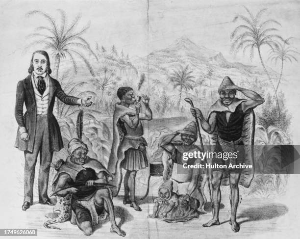Engraving depicting the Bosjemans, a travelling show that included Khoikhoi men and women, and a child, titled 'The Bosjemans at the Egyptian Hall,...