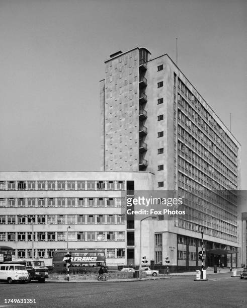 Traffic passing United Africa House, headquarters of the United Africa Company , on Blackfriars Road, Southwark, London, England, circa 1960. A...