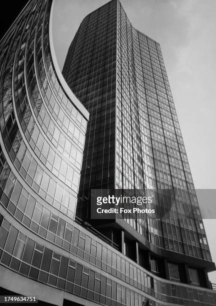 Low-angle view of the Vickers Tower at Millbank, Westminster, London, England, circa 1963. Later known as the Millbank Tower, the Modernist...