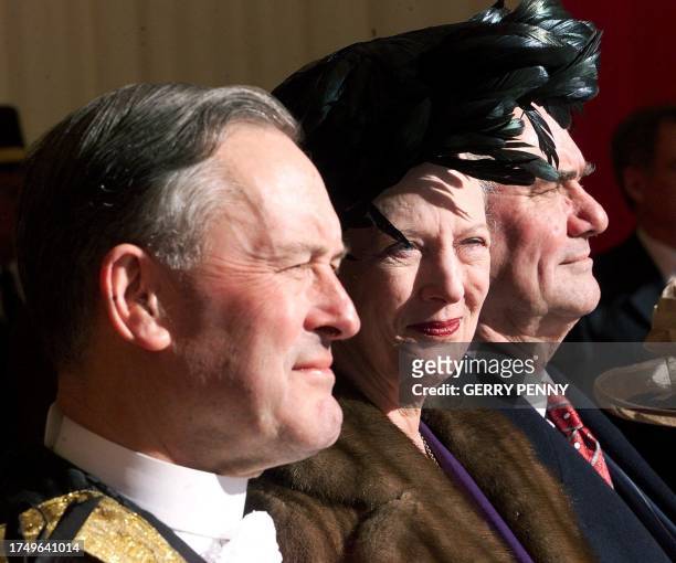 Queen Margrethe of Denmark with The Lord Mayor of London Alderman Clive Martin and Prince Henrik before inspecting the Guard of Honour at the...