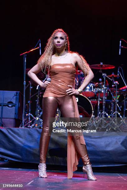 Tamar Braxton performs on stage during the Majic 102.1 Under the Stars concert at The Cynthia Woods Mitchell Pavilion on October 21, 2023 in The...