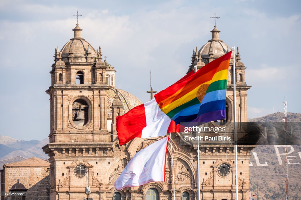 Cusco flag waving in Plaza de Armas , Peru, South America