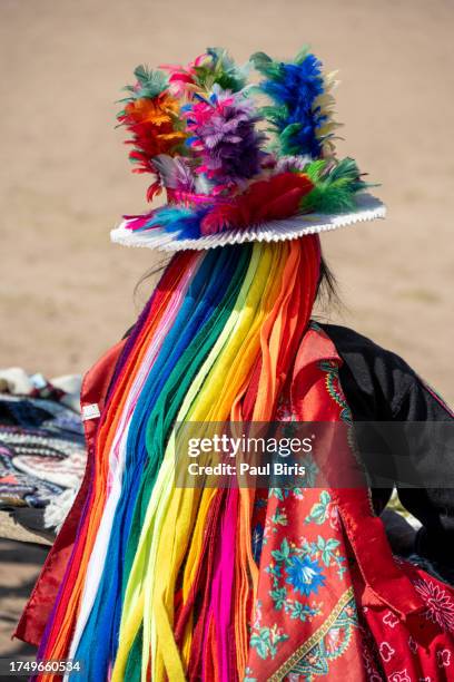 old woman in colorful dress with rainbow hair extensions on taquile island, peru - inca people stock pictures, royalty-free photos & images
