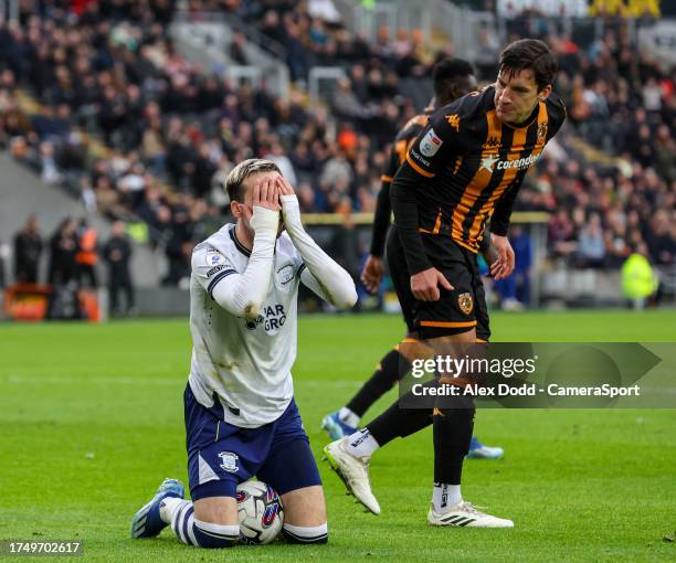 Hull City's Alfie Jones has words with Preston North End's Liam Millar after he went down seeking a penalty during the Sky Bet Championship match...