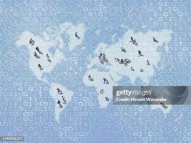 people walking on binary code world map - augmented world stock pictures, royalty-free photos & images