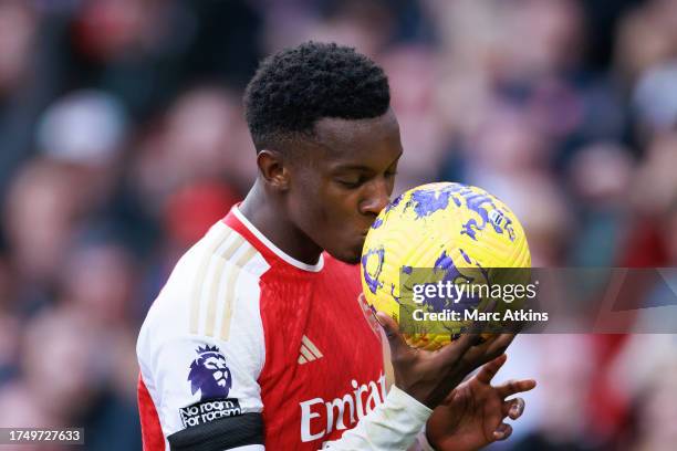 Eddie Nketiah of Arsenal celebrates scoring the third goal during the Premier League match between Arsenal FC and Sheffield United at Emirates...