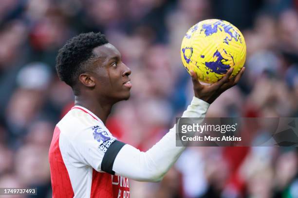 Eddie Nketiah of Arsenal celebrates scoring the third goal during the Premier League match between Arsenal FC and Sheffield United at Emirates...