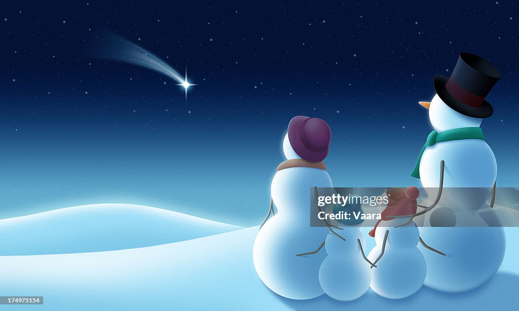 Cartoon snowman family of four wishing on a shooting star