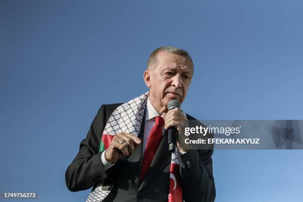 Istanbul, Turkey. Turkish President, Recep Tayyip Erdogan, gives a speech in solidarity with Palestinians in a rally in Istanbul on October 28, 2023....