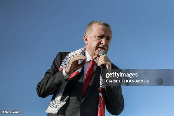 Istanbul, Turkey. Turkish President, Recep Tayyip Erdogan, gives a speech in solidarity with Palestinians in a rally in Istanbul on October 28, 2023....