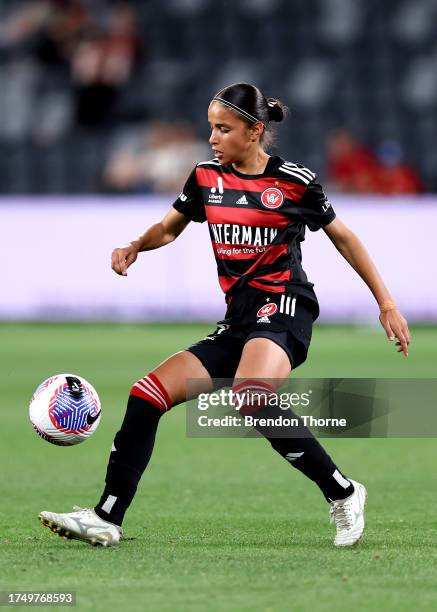 Talia Younis of the Wanderers controls the ball during the A-League Women round two match between Western Sydney Wanderers and Wellington Phoenix at...