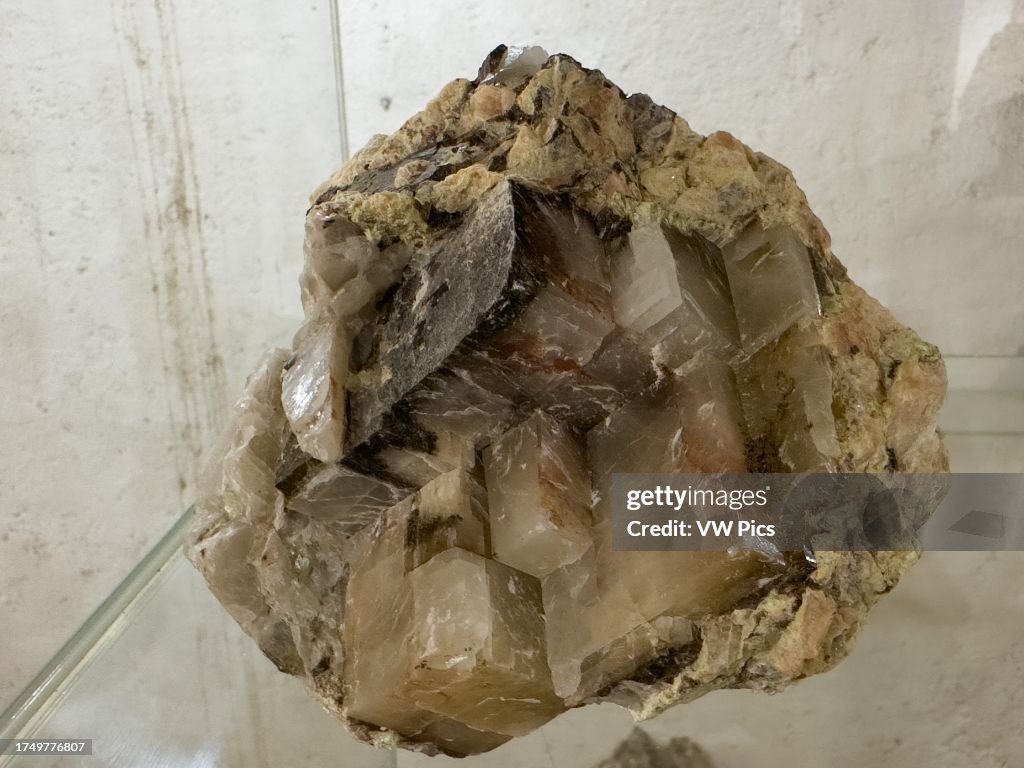 A sample of calcite crystals in the Pachamalui Museum, Villa San Agustin Valle Fertil, San Juan, Argentina