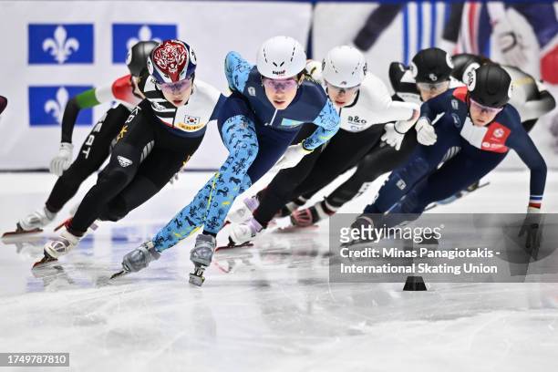 Olga Tikhonova of Kazakhstan leads the group in the women's 1500 m repechage semifinal during the ISU World Cup Short Track at Maurice Richard Arena...