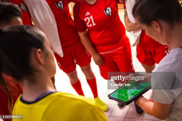 soccer trainer showing players positions on tablet - pre positioned stock pictures, royalty-free photos & images