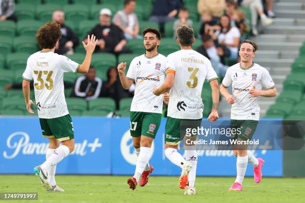 Kosta Grozos of the Jets celebrates his goa during the A-League Men round one match between Perth Glory and Newcastle Jets at HBF Park, on October 22...
