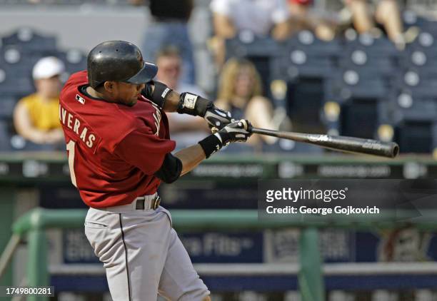 Willy Taveras of the Houston Astros bats against the Pittsburgh Pirates during the first game of a doubleheader at PNC Park on July 19, 2005 in...
