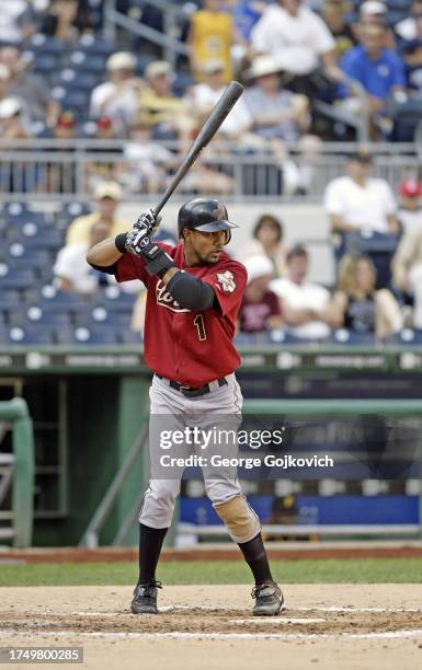 Willy Taveras of the Houston Astros bats against the Pittsburgh Pirates during the first game of a doubleheader at PNC Park on July 19, 2005 in...