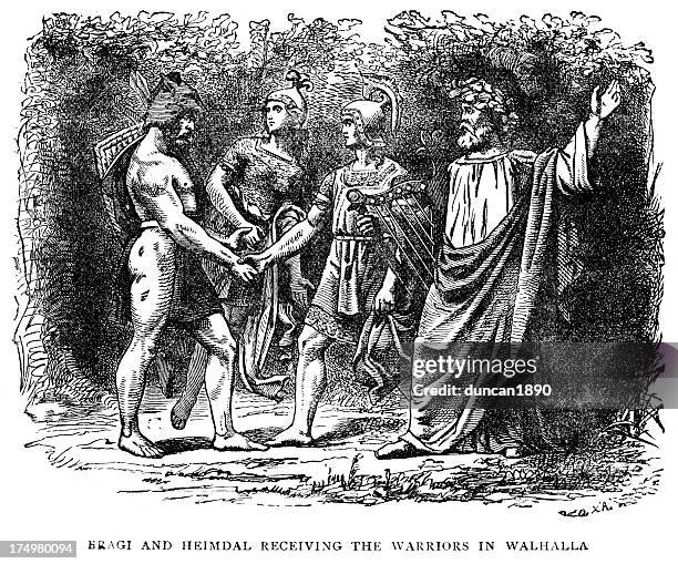 norse mythology - bragi and heimdal - valhalla norse mythology stock illustrations