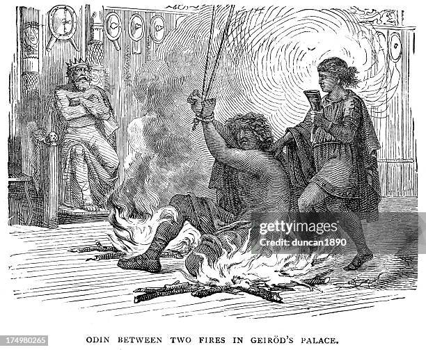 norse mythology - odin bewteen two fires - norse gods stock illustrations