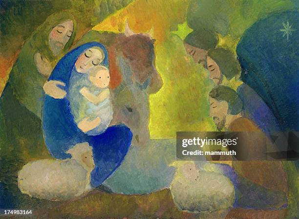 illustrazioni stock, clip art, cartoni animati e icone di tendenza di natività natale con saggi - natività