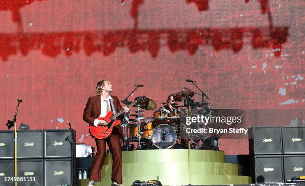 Luke Hemmings and Ashton Irwin of 5 Seconds of Summer perform during the 2023 When We Were Young festival at the Las Vegas Festival Grounds on...