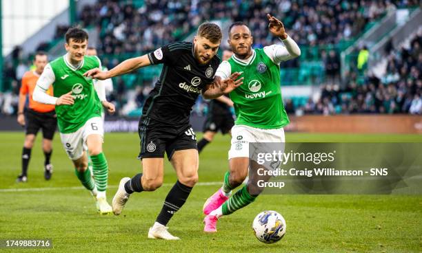 Celtic's James Forrest and Jordan Obita in action during a cinch Premiership match between Hibernian and Celtic at Easter Road, on October 28 in...