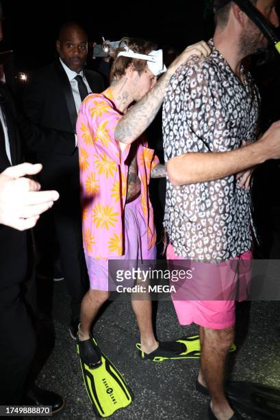 Justin Bieber is seen leaving the Casamigos Halloween party on October 28, 2023 in Beverly Hills, California.