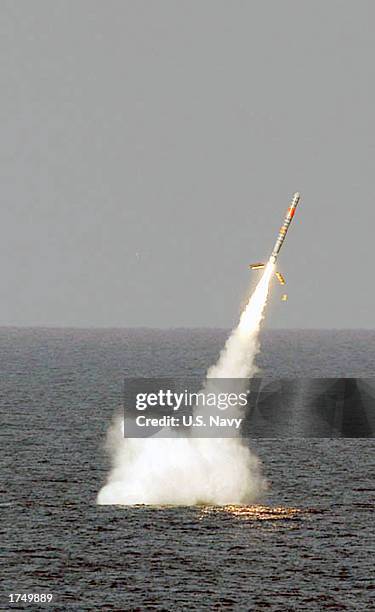 This handout image from the U.S. Navy shows a Tomahawk cruise missile as it launches from the submerged Ohio-class submarine the USS Florida on...