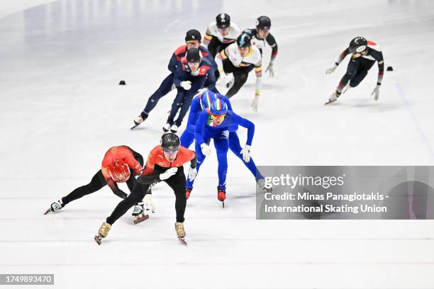 Team China, Team Italy, Team France Team Belgium and Team Japan compete in the mixed 2000 m semifinal during the ISU World Cup Short Track at Maurice...