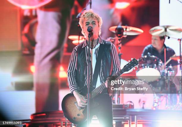 Billie Joe Armstrong and Tre Cool of Green Day perform during the 2023 When We Were Young festival at the Las Vegas Festival Grounds on October 21,...